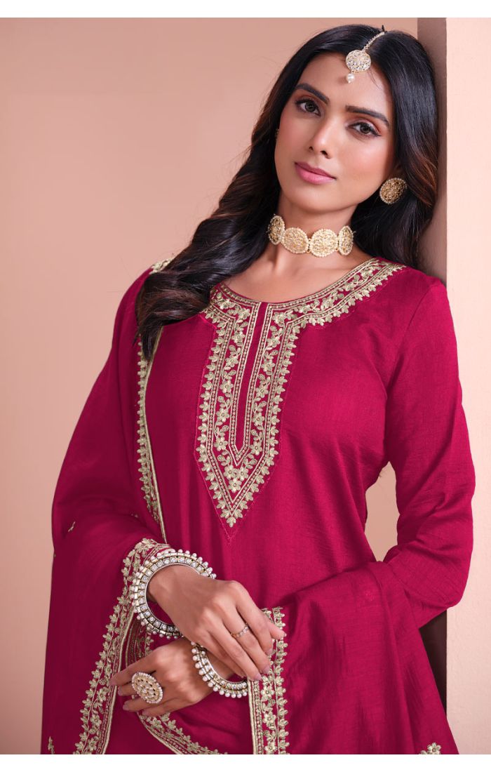 Maroon Georgette Palazzo Suit with Embroidery – Perfect for Weddings & Festivals