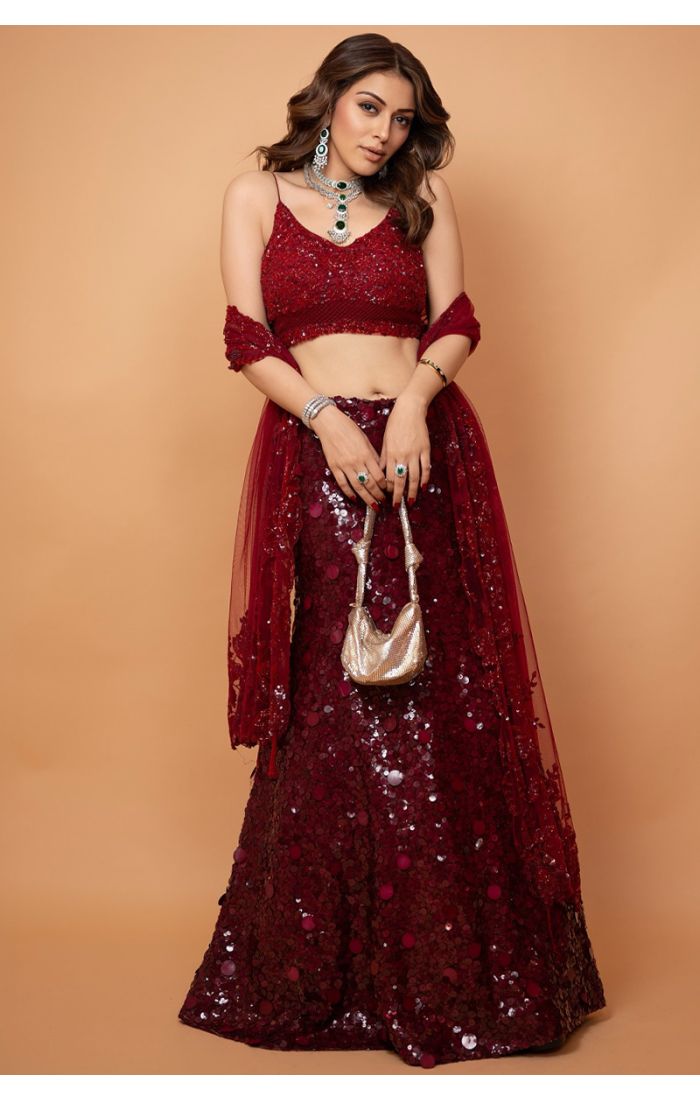 Maroon Sequin Embellished Lehenga Set with Velvet and Shimmering Details - Perfect for Weddings and Festive Occasions (LEHA2241)