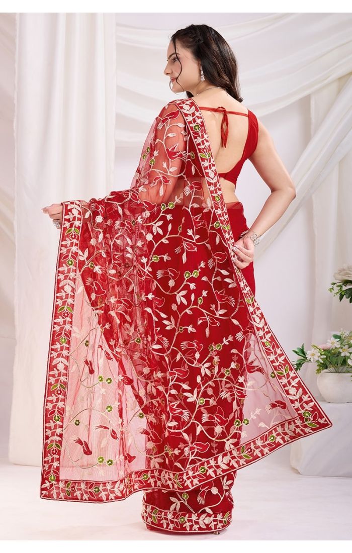 Maroon Soft Net Embroidered Saree with Silk Blouse – Wedding & Festive Wear