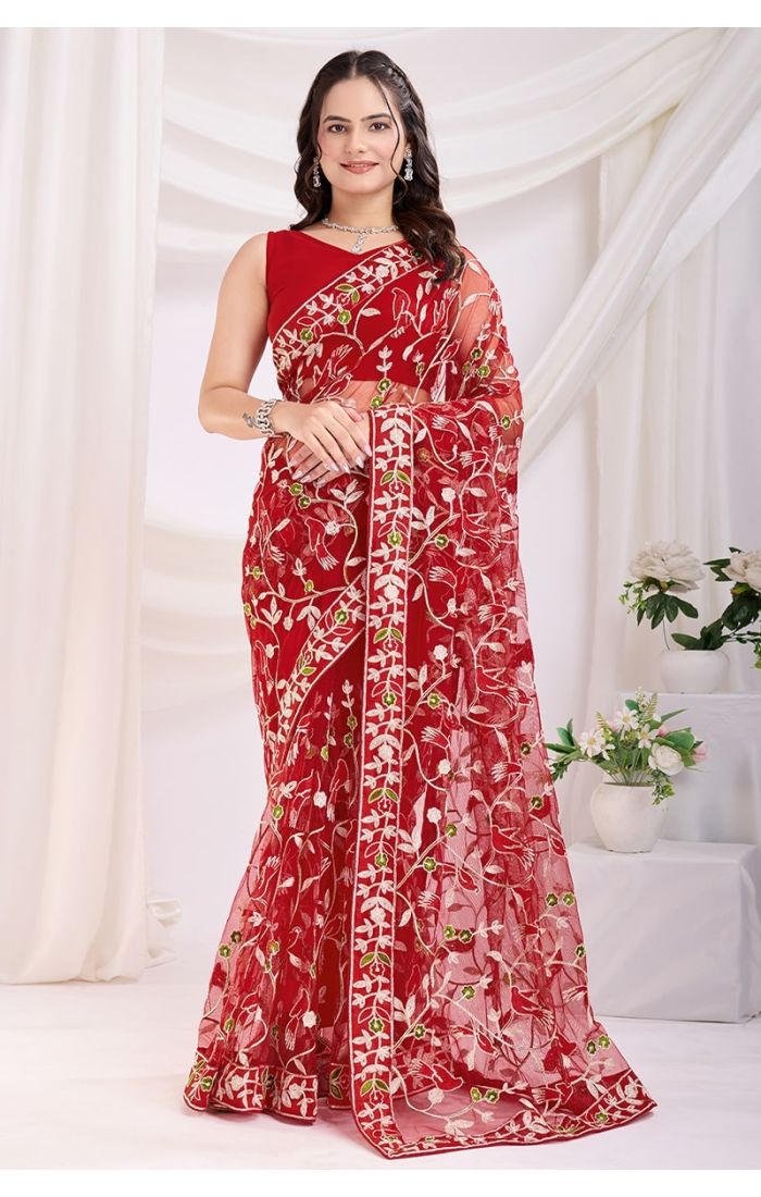 Maroon Soft Net Embroidered Saree with Silk Blouse – Wedding & Festive Wear