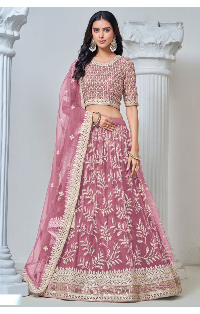 Get Mauve embroidered net lehenga choli with sequins and zari work for weddings in UK and USA Online