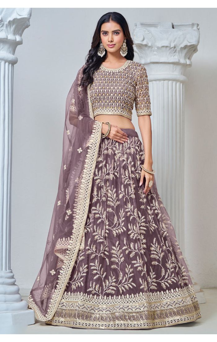 Shop Mauve Net Embroidered Lehenga with Zari Work Dupatta Online in UK