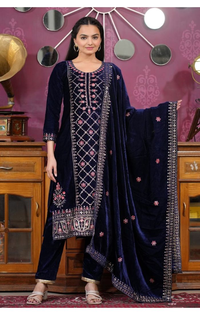 Midnight Blue Velvet Suit with Heavy Embroidery – Perfect for Weddings & Festive Occasions