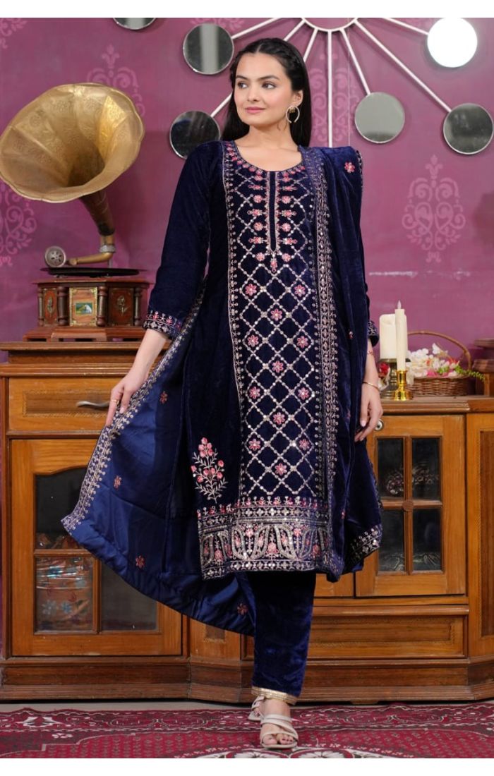 Midnight Blue Velvet Suit with Heavy Embroidery – Perfect for Weddings & Festive Occasions