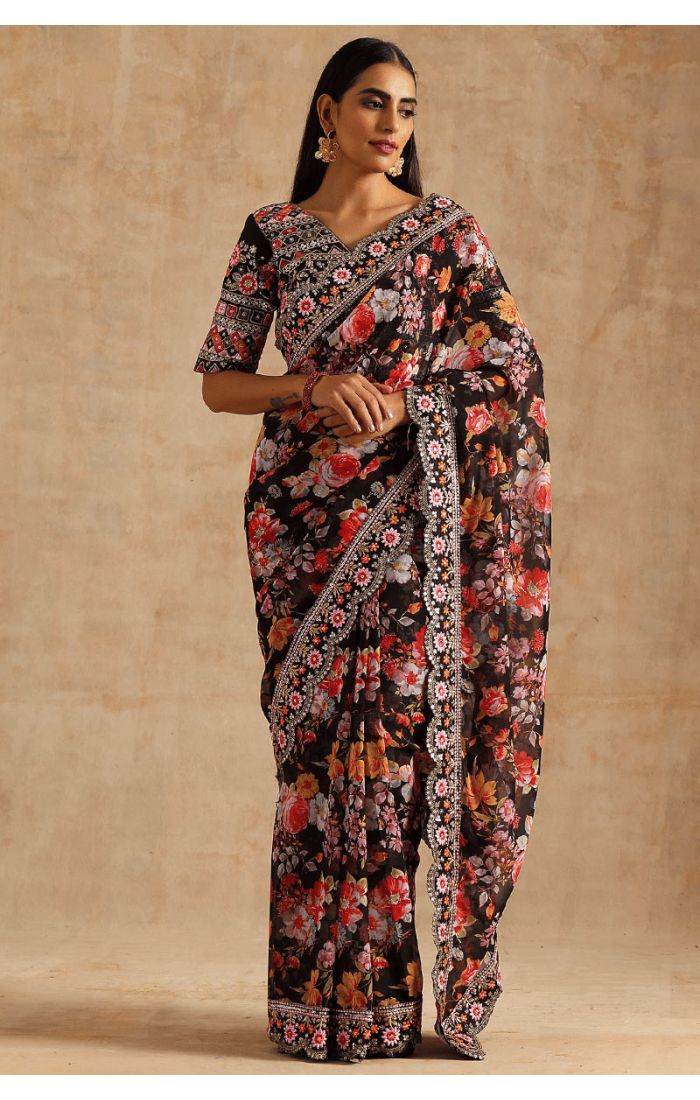 Midnight Floral Embroidered Saree Set with vibrant floral prints and intricate embroidered borders, elegant ethnic wear for women.