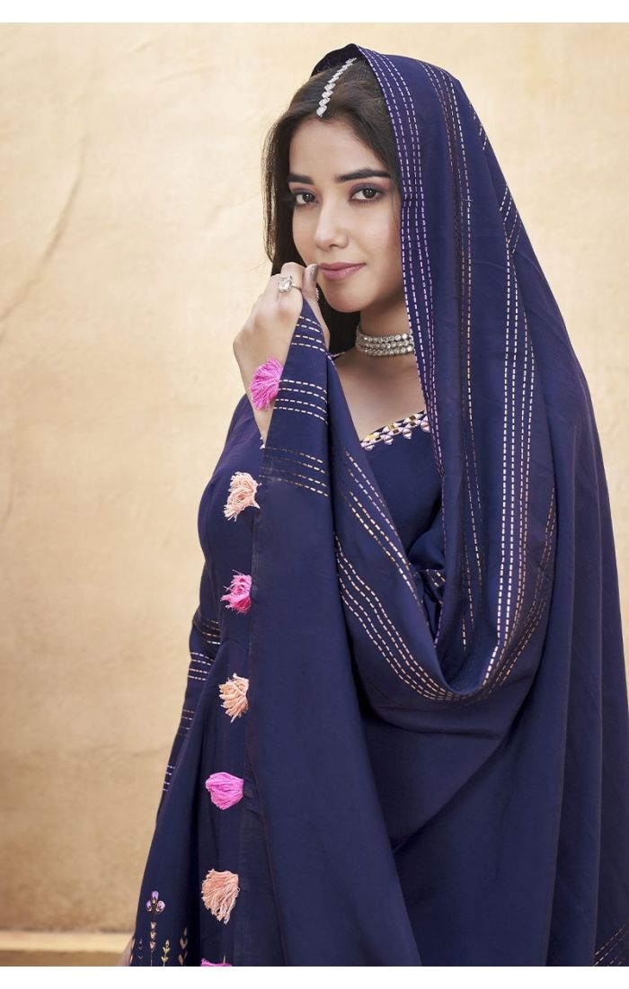 Midnight Royal Navy Blue Embroidered Palazzo Suit with Tassel Dupatta – Festive & Wedding Wear