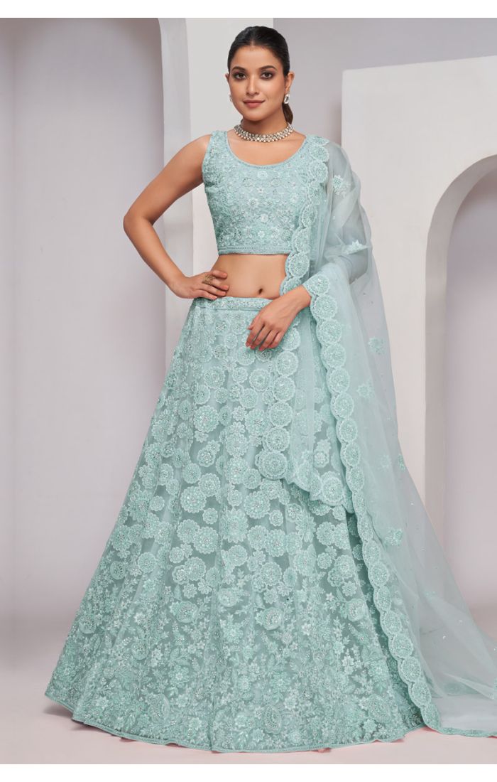 Shop Mint Green Embroidered Net Lehenga with Matching Dupatta in Denmark Online 