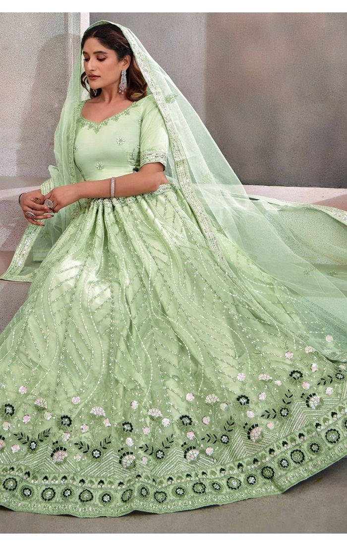 Mint Green Net Embroidered Lehenga Choli with Sequins & Zari Work – Bridal & Festive Wear