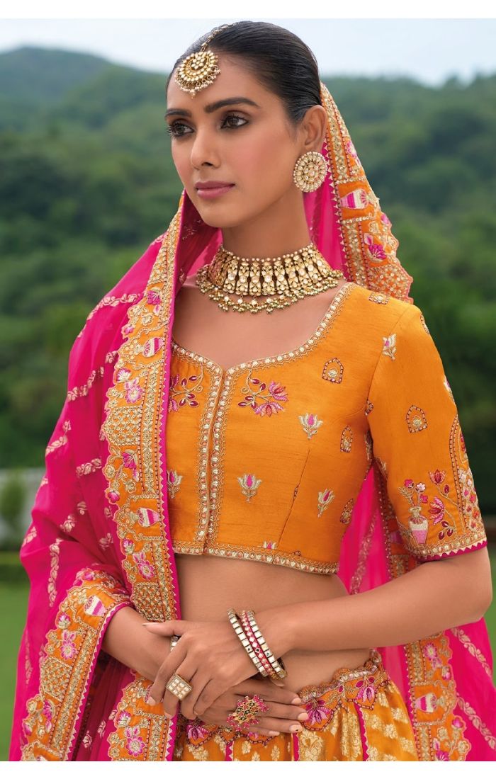 Mustard Gold Banarasi Lehenga with pink dupatta, Indian wedding lehenga for USA, UK, and Canada buyers.