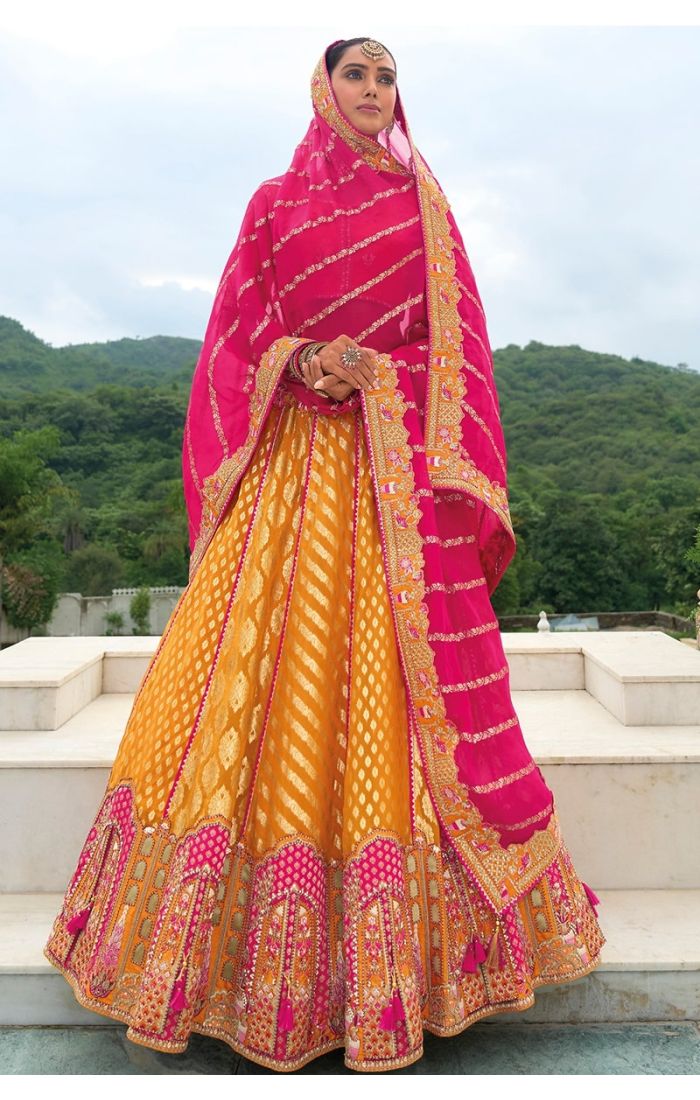 Mustard Gold Banarasi Lehenga with pink dupatta, Indian wedding lehenga for USA, UK, and Canada buyers.