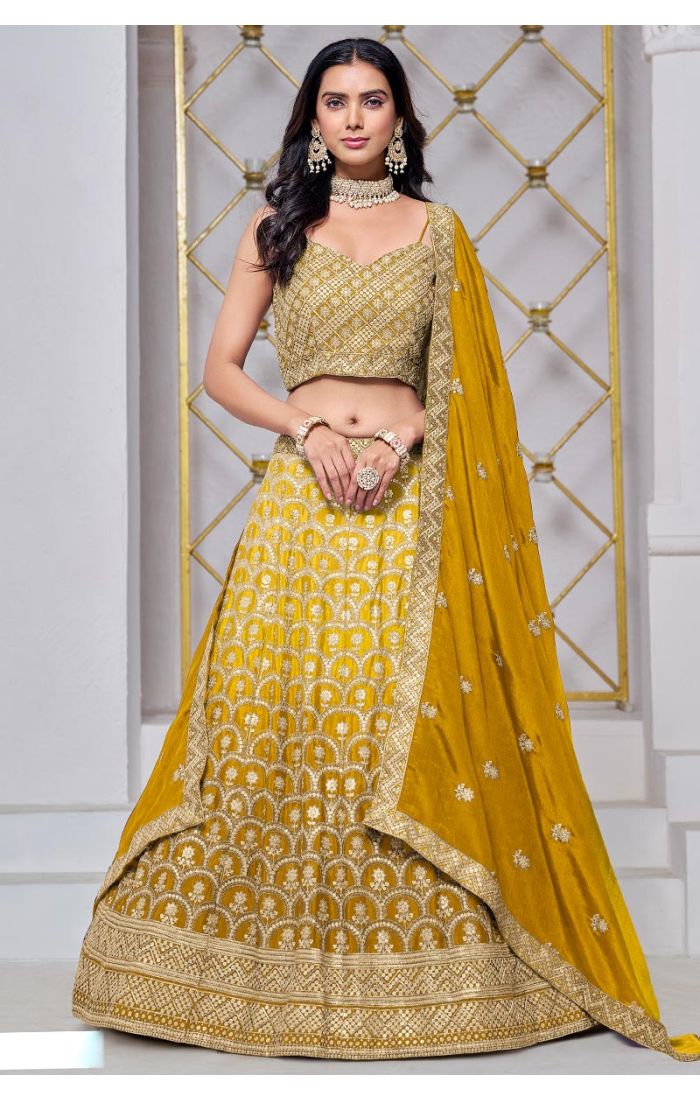 Mustard Yellow Velvet Haldi Lehenga with Zari Embroidery for Weddings and Festive Events