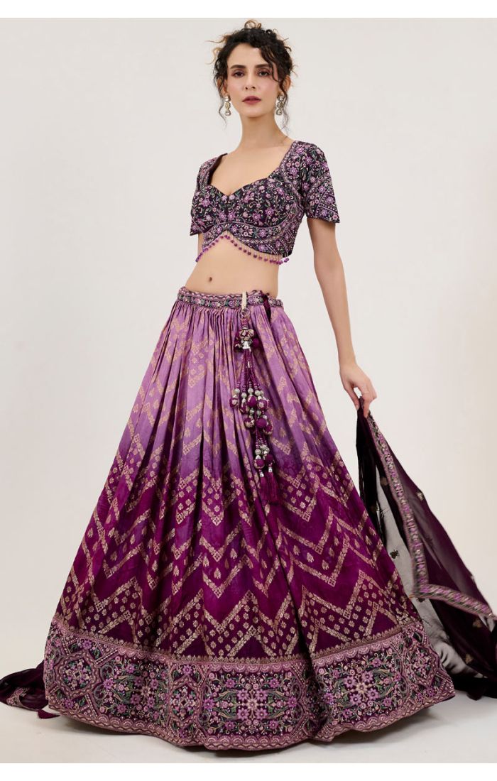 Navy Blue and Aqua Ombre Floral Embroidered Lehenga - LEHV3894