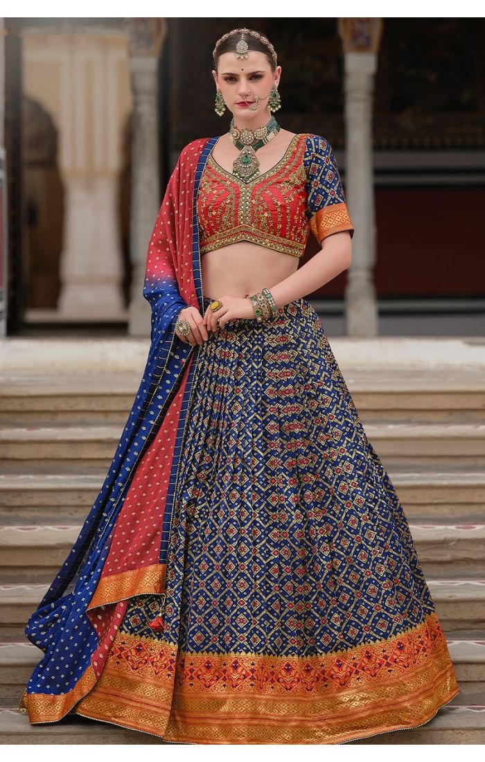 Navy Blue & Red Zari Embroidered Banarasi Silk Lehenga Choli for Weddings and Festivals