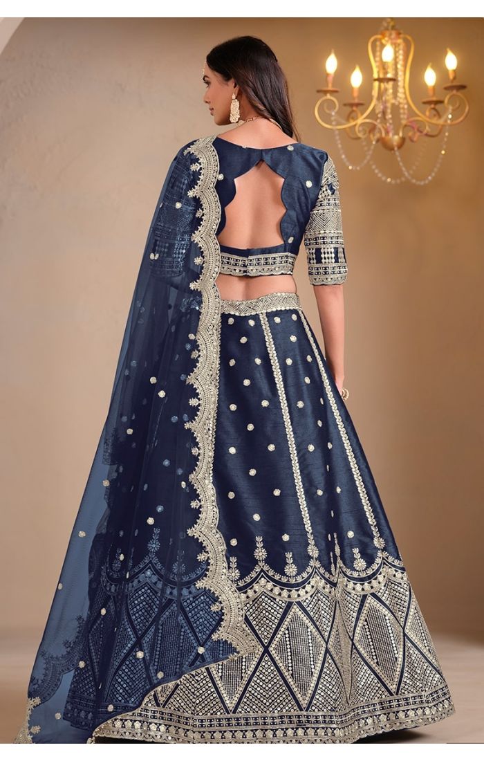 Navy Blue Heavy Embroidered Silk Lehenga Choli for Weddings & Festive Wear – Designer Indian Outfit