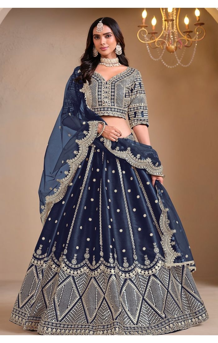 Navy Blue Heavy Embroidered Silk Lehenga Choli for Weddings & Festive Wear – Designer Indian Outfit