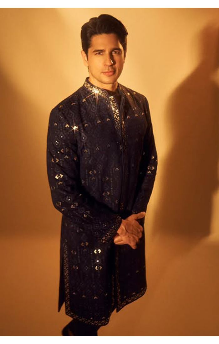 Men’s Navy Blue Mirror Work Sherwani for Wedding and Eid Celebrations