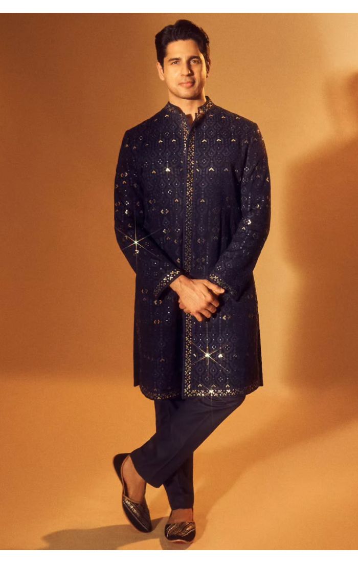 Men’s Navy Blue Mirror Work Sherwani for Wedding and Eid Celebrations