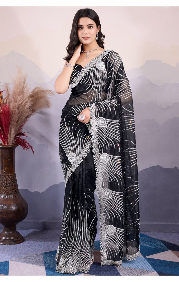  Front view of Noir Gleam black saree with heavy sequin C-Pallu embroidery – Appelle Fashion