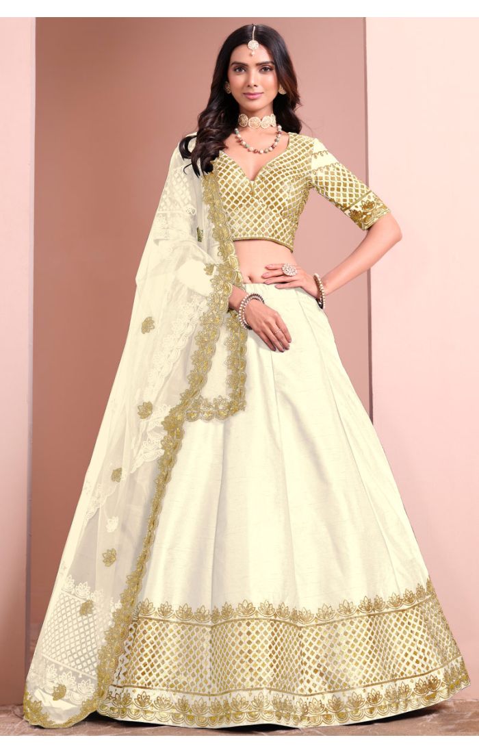 Off-white premium silk satin lehenga choli with gold embroidery and net dupatta