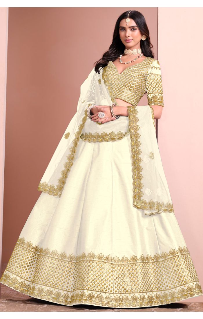 Off-white premium silk satin lehenga choli with gold embroidery and net dupatta set