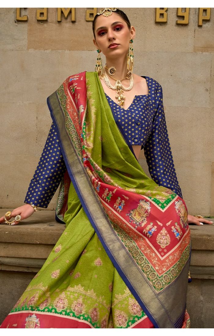 Parrot Green Banarasi Silk Saree with Red Pallu and Traditional Zari Work – Festive & Wedding Wear