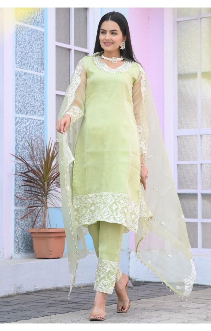 Pastel green embroidered Organza Kurta Pant Suit with dupatta – wedding and festive wear for women