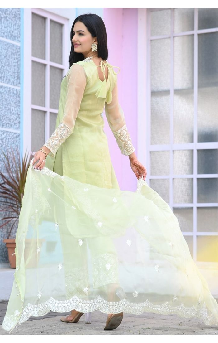 Pastel green embroidered Organza Kurta Pant Suit with dupatta – wedding and festive wear for women