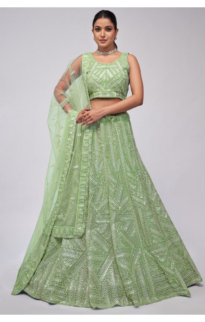 Pastel Green Sequined Georgette Festive Lehenga for Weddings and Festive Occasions