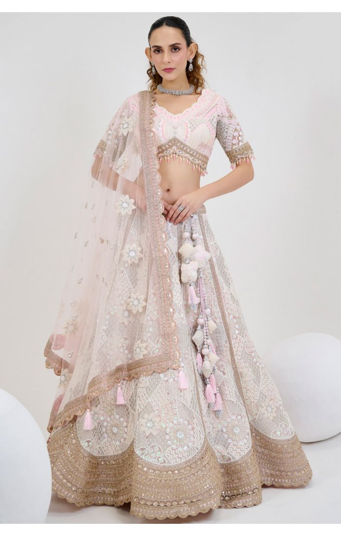 Pastel Pink & Ivory Bridal Lehenga with Floral Embroidery and Net Dupatta LEHV3877