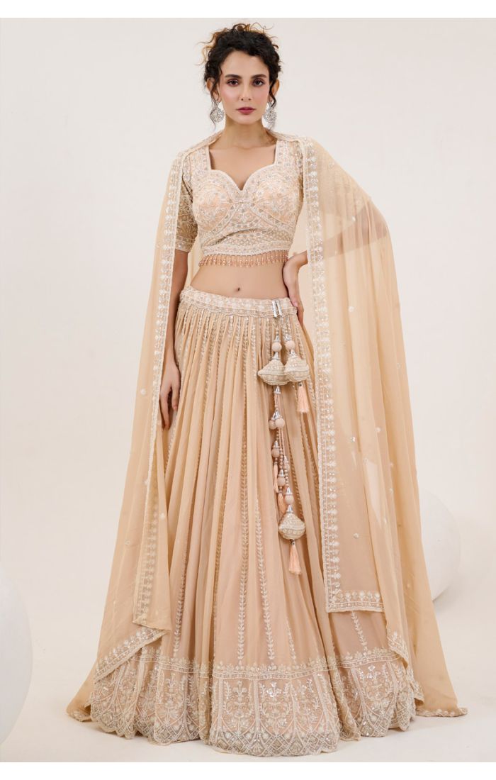 Get Peach Embroidered Bridal Lehenga with Sequins and Tassels in UK Online - LEHV3889