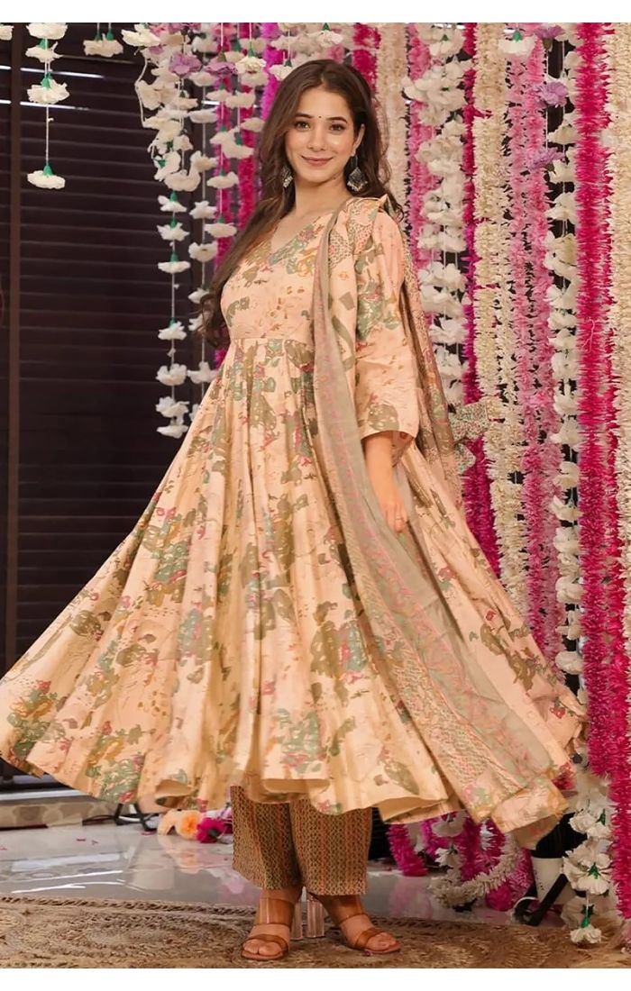 Peach Ethnic Flared Kurta Set with handcrafted detailing and pastel floral prints – Wedding & Festive Wear