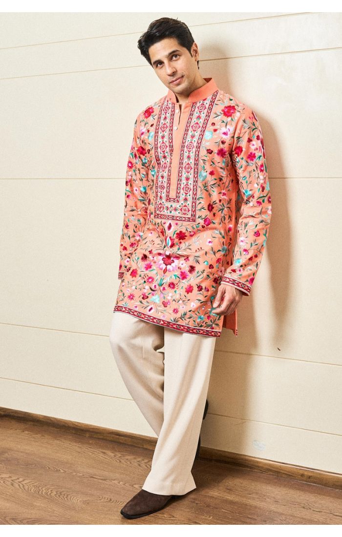 Men’s Peach Floral Embroidered Kurta for Eid and Festive Wear – Wedding & Cultural Outfit