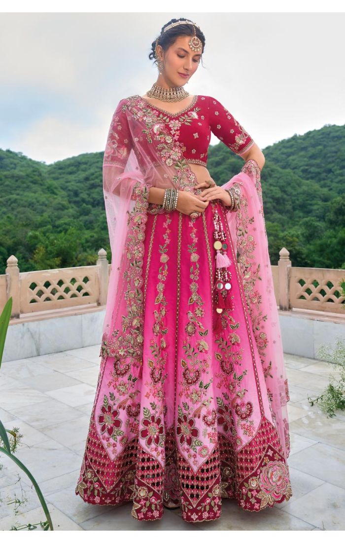 Pink Floral Embroidered Lehenga Choli with Net Dupatta for Weddings