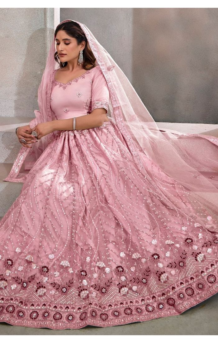 Elegant Pink Net Lehenga Choli with Sequins & Floral Embroidery for Weddings & Festivals