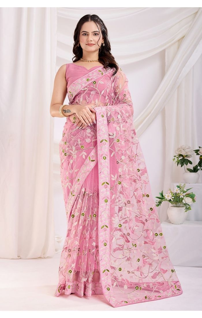 Pink Soft Net Embroidered Saree with Silk Blouse – Perfect for Wedding & Festive Wear