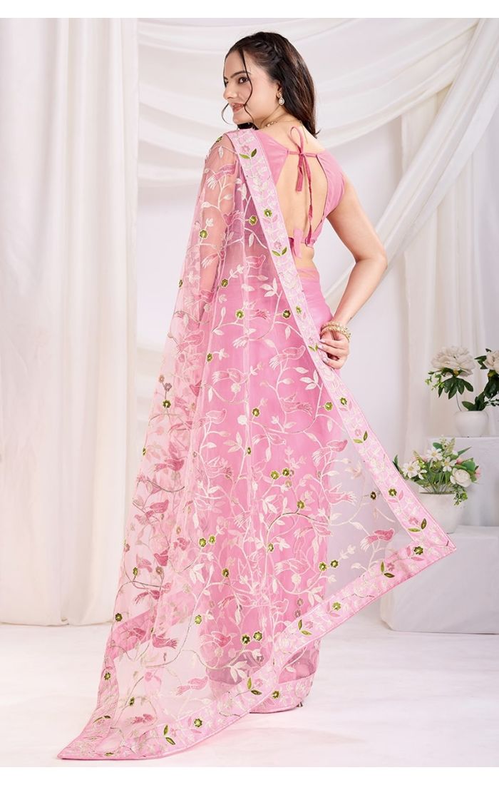 Pink Soft Net Embroidered Saree with Silk Blouse – Perfect for Wedding & Festive Wear