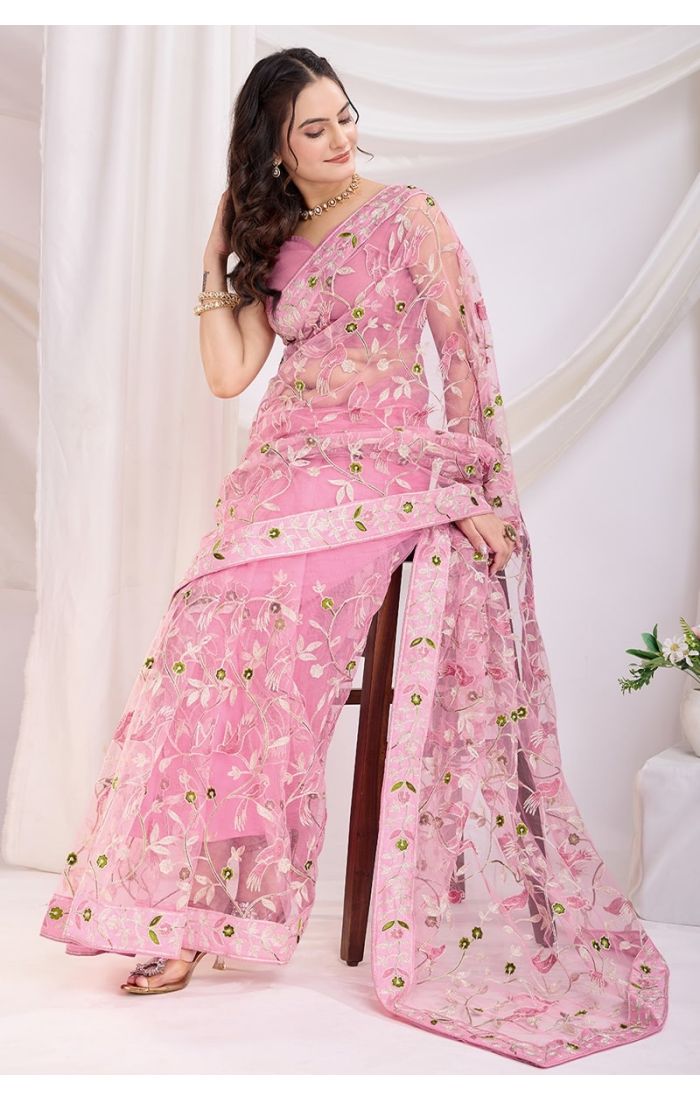 Pink Soft Net Embroidered Saree with Silk Blouse – Perfect for Wedding & Festive Wear