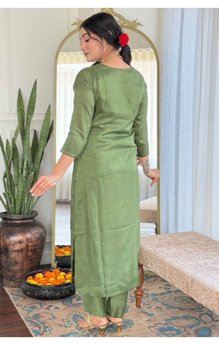 Pista Green Viscose Embroidered Salwar Suit with Linen Slub Dupatta – Wedding & Festive Wear