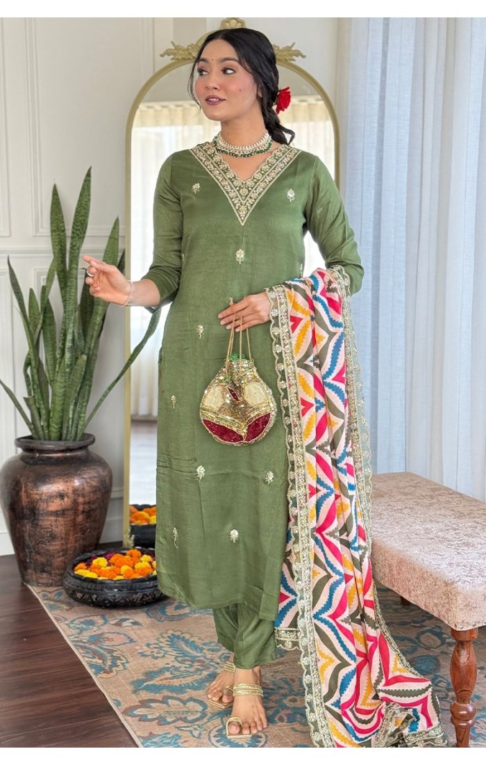 Pista Green Viscose Embroidered Salwar Suit with Linen Slub Dupatta – Wedding & Festive Wear