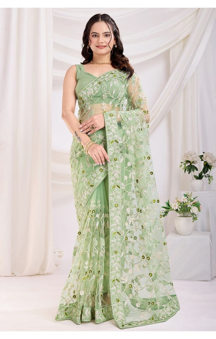 Pista Green Soft Net Embroidered Saree with Silk Blouse – Wedding & Festive Wear