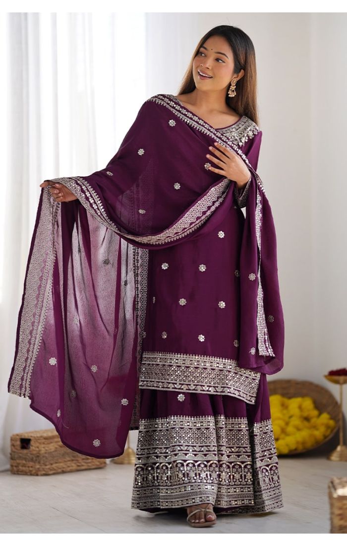 Plum Chinon Silk Sharara Suit with Mirror & Zari Embroidery for Eid & Weddings