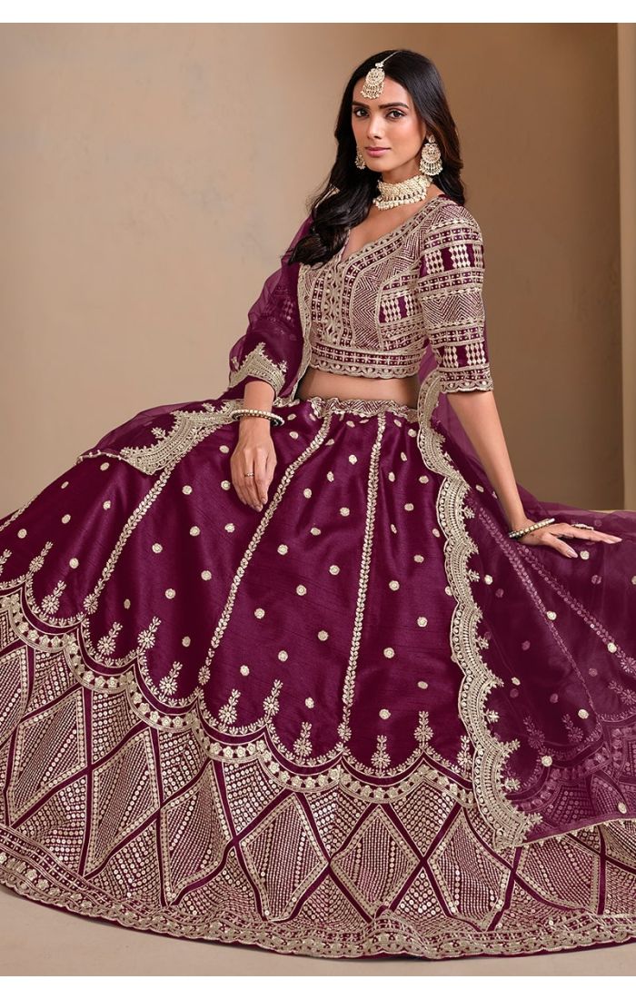 Plum Silk Mirror Work Lehenga Choli with Embroidered Net Dupatta for Weddings & Festive Wear