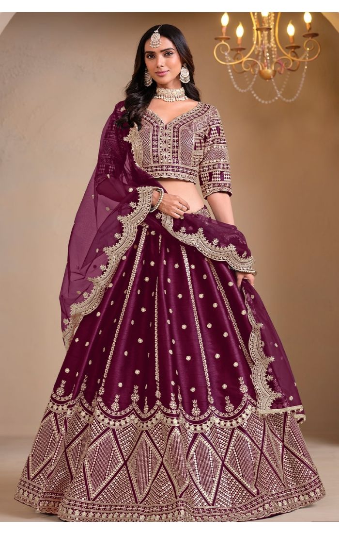 Plum Silk Mirror Work Lehenga Choli with Embroidered Net Dupatta for Weddings & Festive Wear