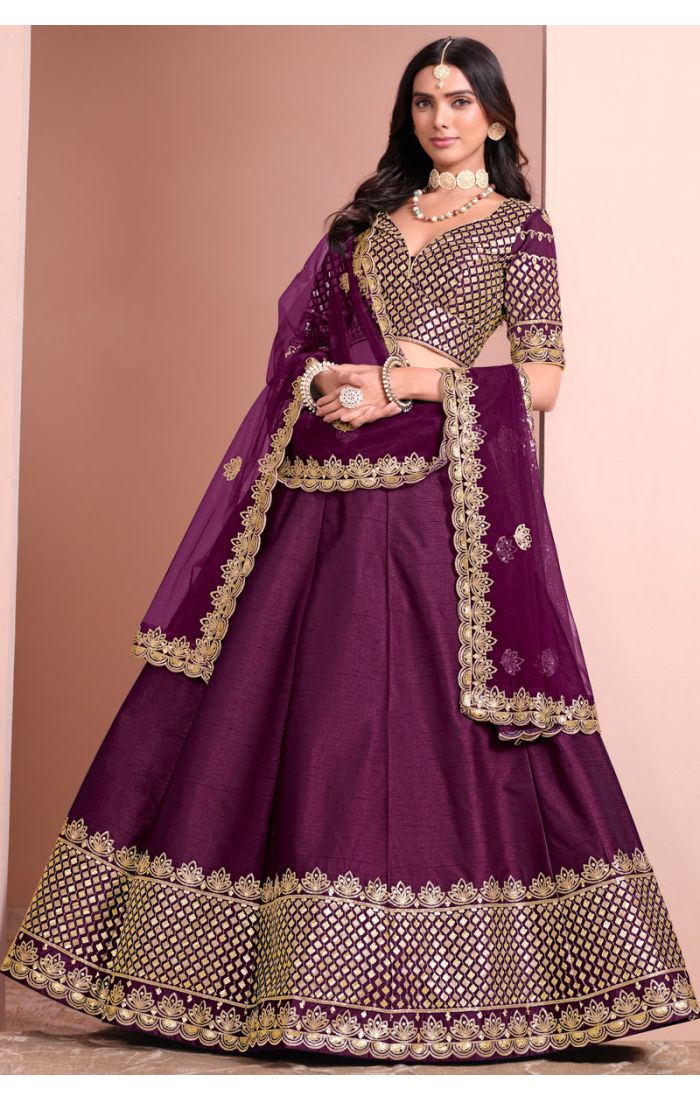 Plum premium silk satin lehenga choli set full view — Appelle Fashion