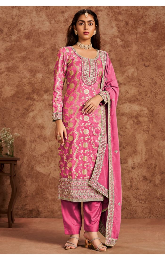 Premium pink silk salwar suit with zari embroidery, full view