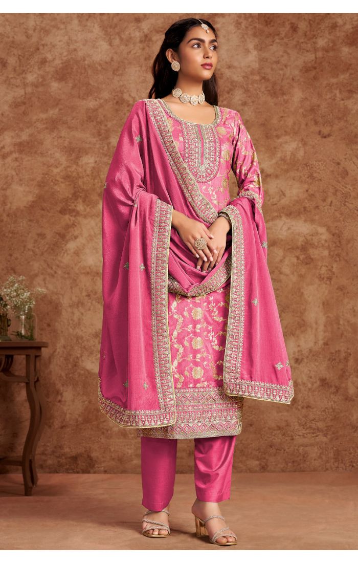 Premium pink silk salwar suit with zari embroidery, full view