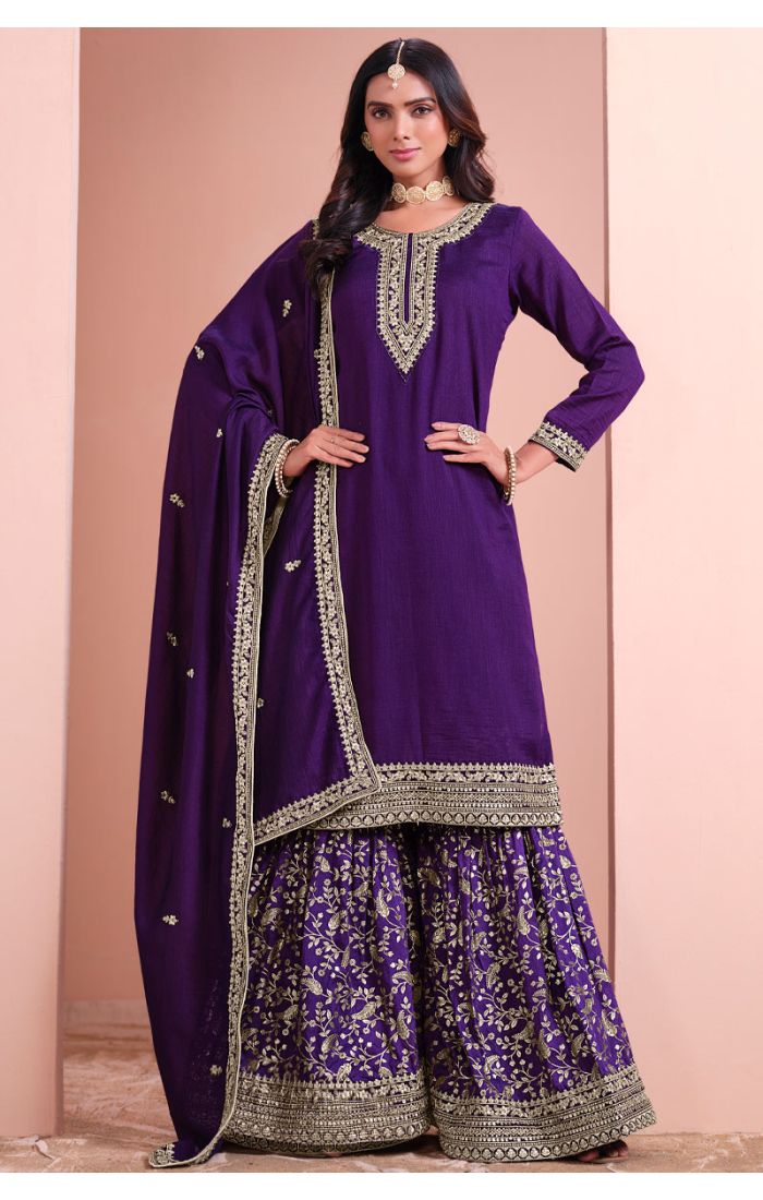 Royal Purple Eid Salwar Kameez with Sharara and Dupatta for Women – Festive & Wedding Wear