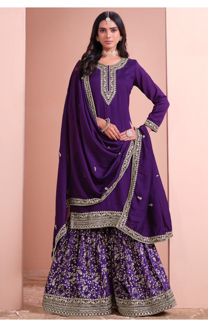 Royal Purple Eid Salwar Kameez with Sharara and Dupatta for Women – Festive & Wedding Wear