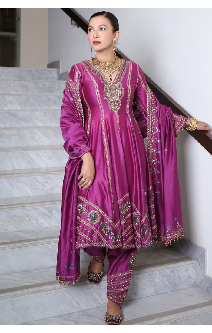 Purple Embroidered Silk Anarkali Set with Hand Embellishments for Eid Celebrations