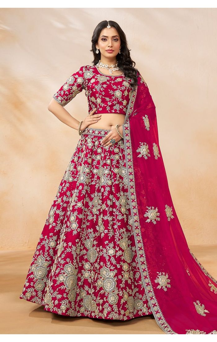 Radiant Ruby Bridal Lehenga Choli with Golden Embroidery – Perfect for Weddings and Festive Occasions.